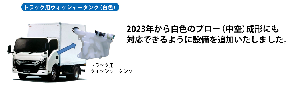 トラック用ウォッシャータンク（白色）2023年から白色のブロー（中空）成形にも対応できるように設備を追加いたしました